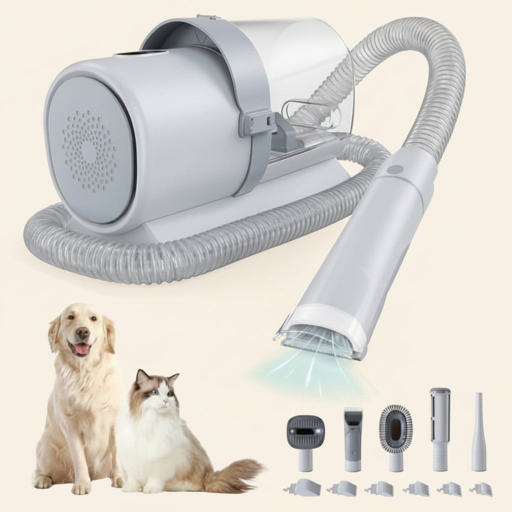 Pet grooming dryer with attachments and two pets on a white background