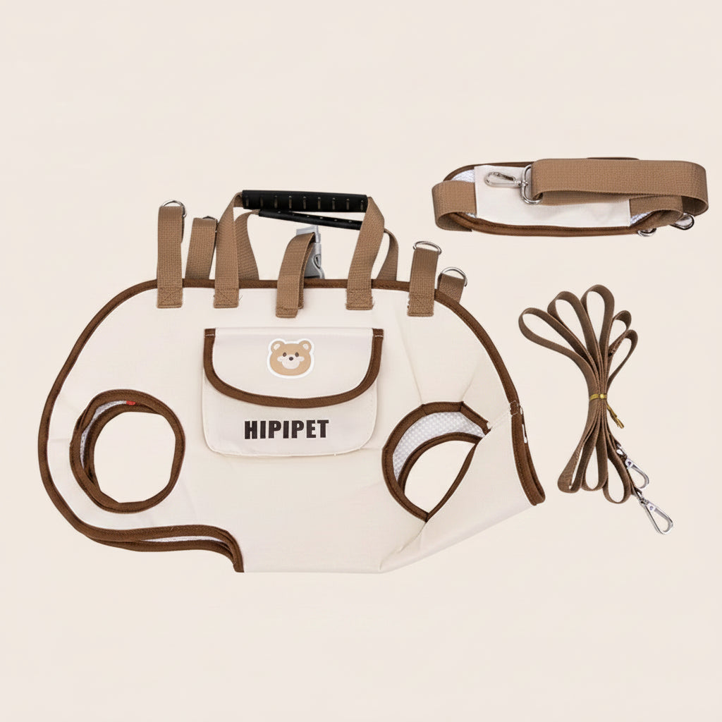 Pet harness, leash, and bag set with 'HIPPET' branding on a white background
