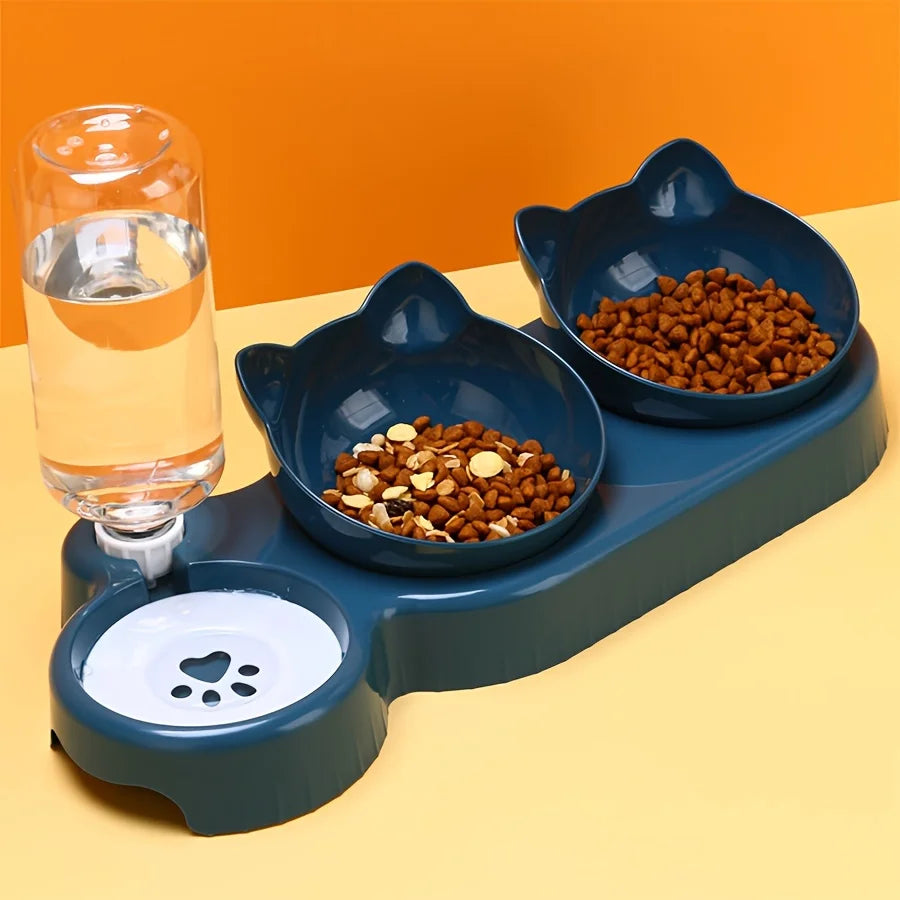 3-in-1 Tilted Cat Bowl Set with Gravity Water Dispenser