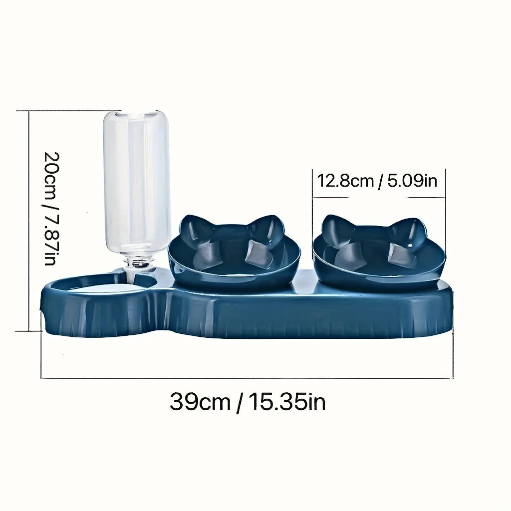 3-in-1 Tilted Cat Bowl Set with Gravity Water Dispenser