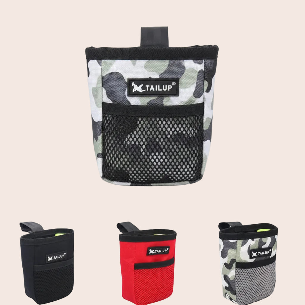 Camo-patterned waist bag with 'TAILUP' branding on a person wearing blue jeans, with additional bags in black and red shown below.