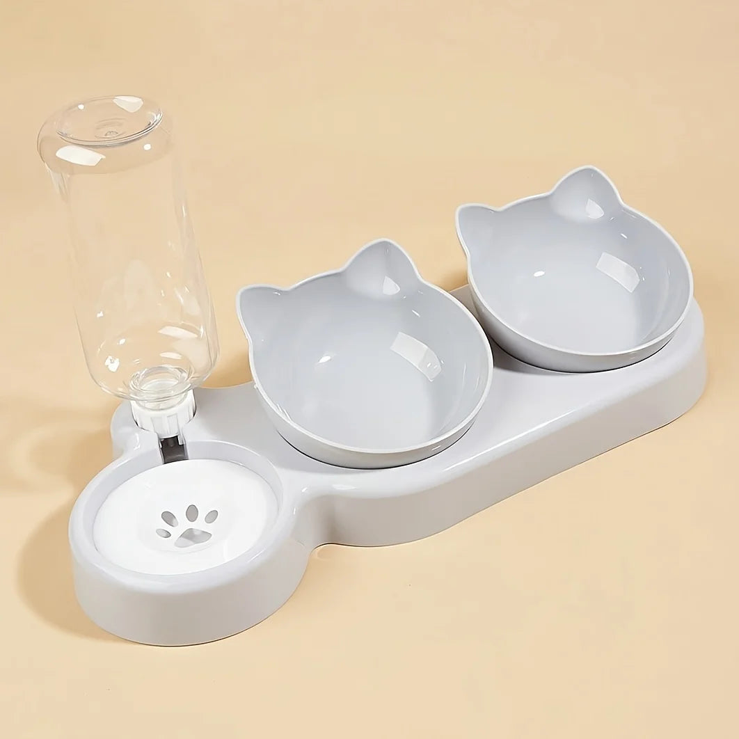 3-in-1 Tilted Cat Bowl Set with Gravity Water Dispenser