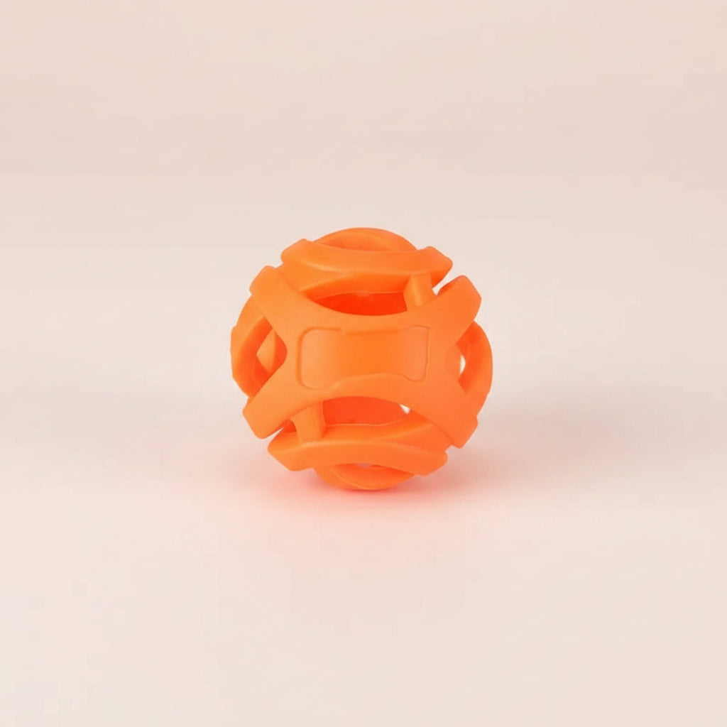 Orange dog toy with 'Meian U' branding and measurements on a white background