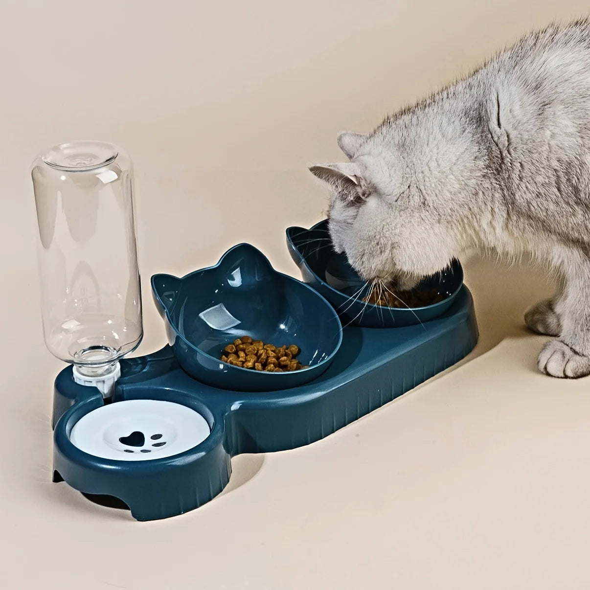 3-in-1 Tilted Cat Bowl Set with Gravity Water Dispenser