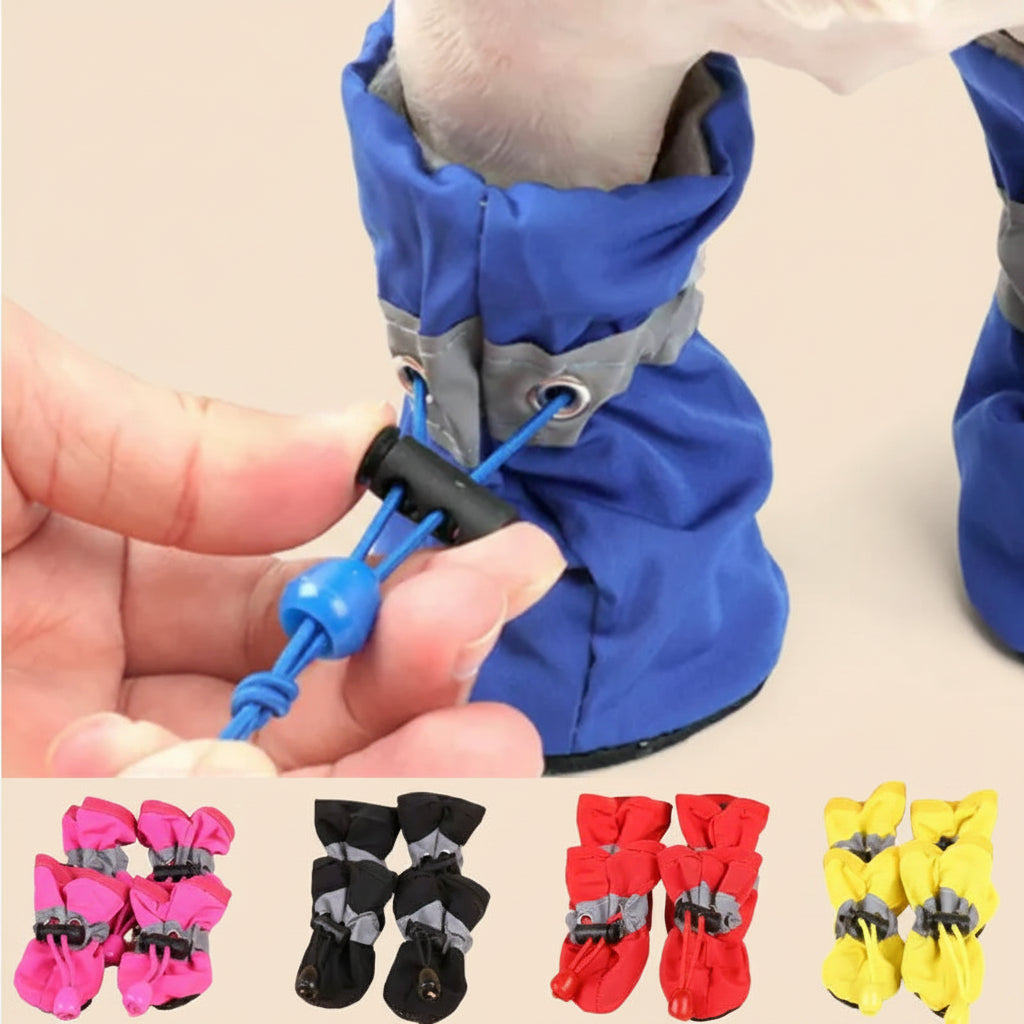 Blue pet boot with adjustable strap, held by a hand, with additional colors shown below.