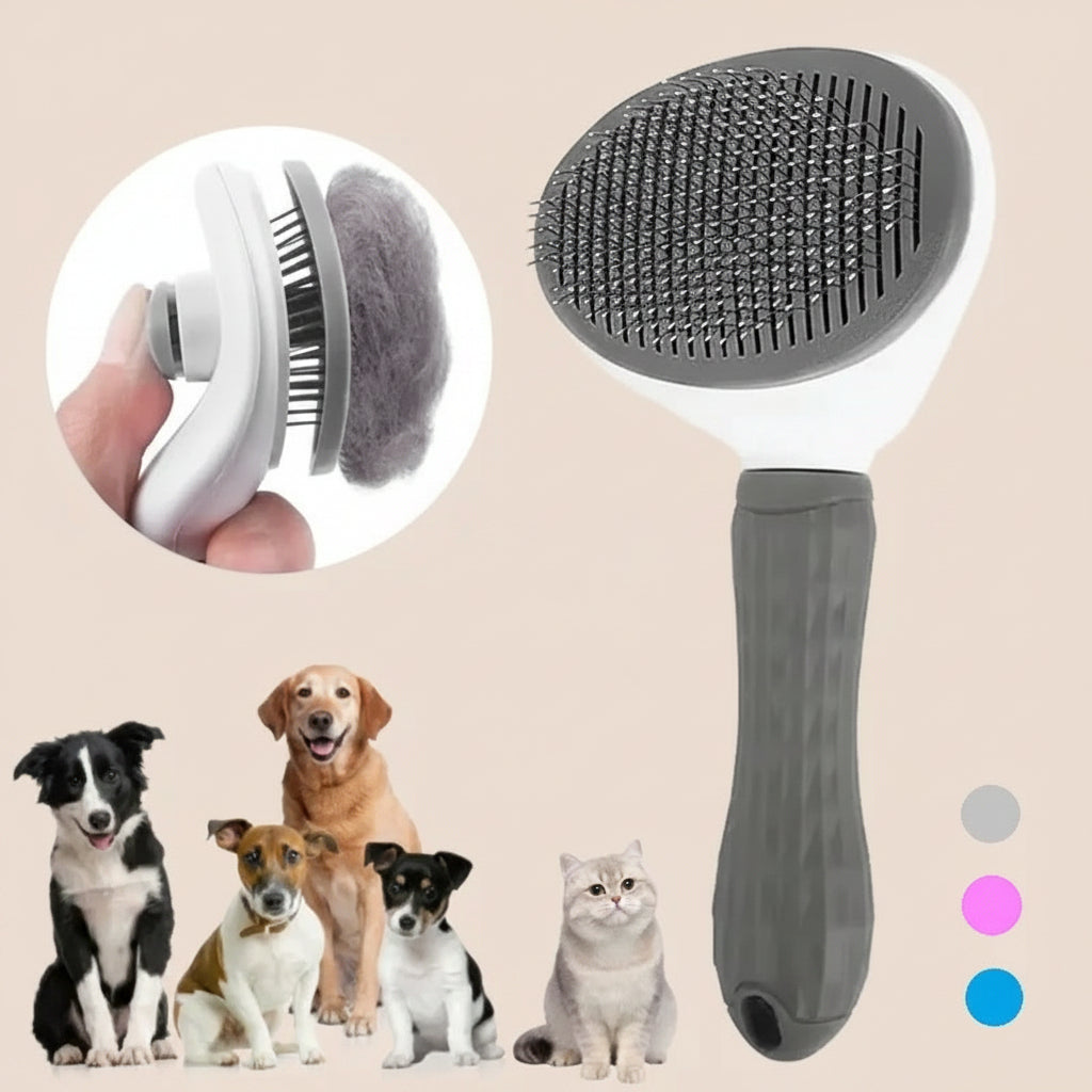 Pet grooming brush with a close-up of its bristles, surrounded by four dogs and a cat on a white background.