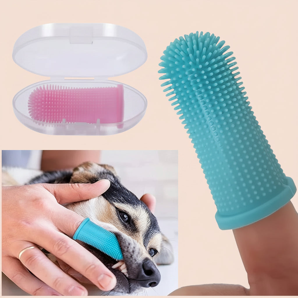 Pet grooming tool with pink roller and textured blue handle, used on a dog.