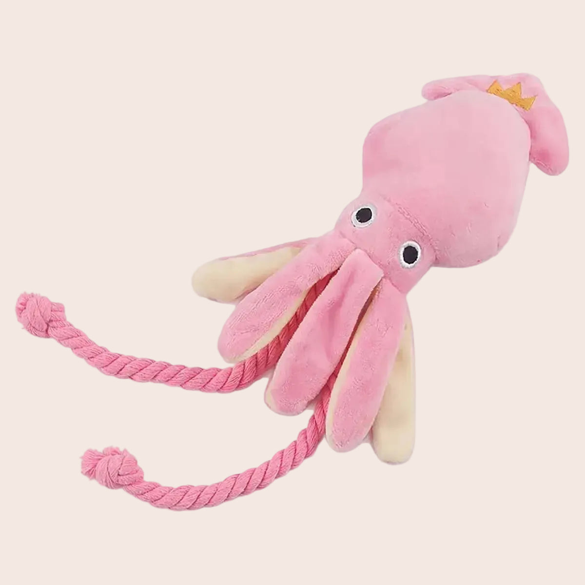 Pink plush octopus toy with a rope on a white background