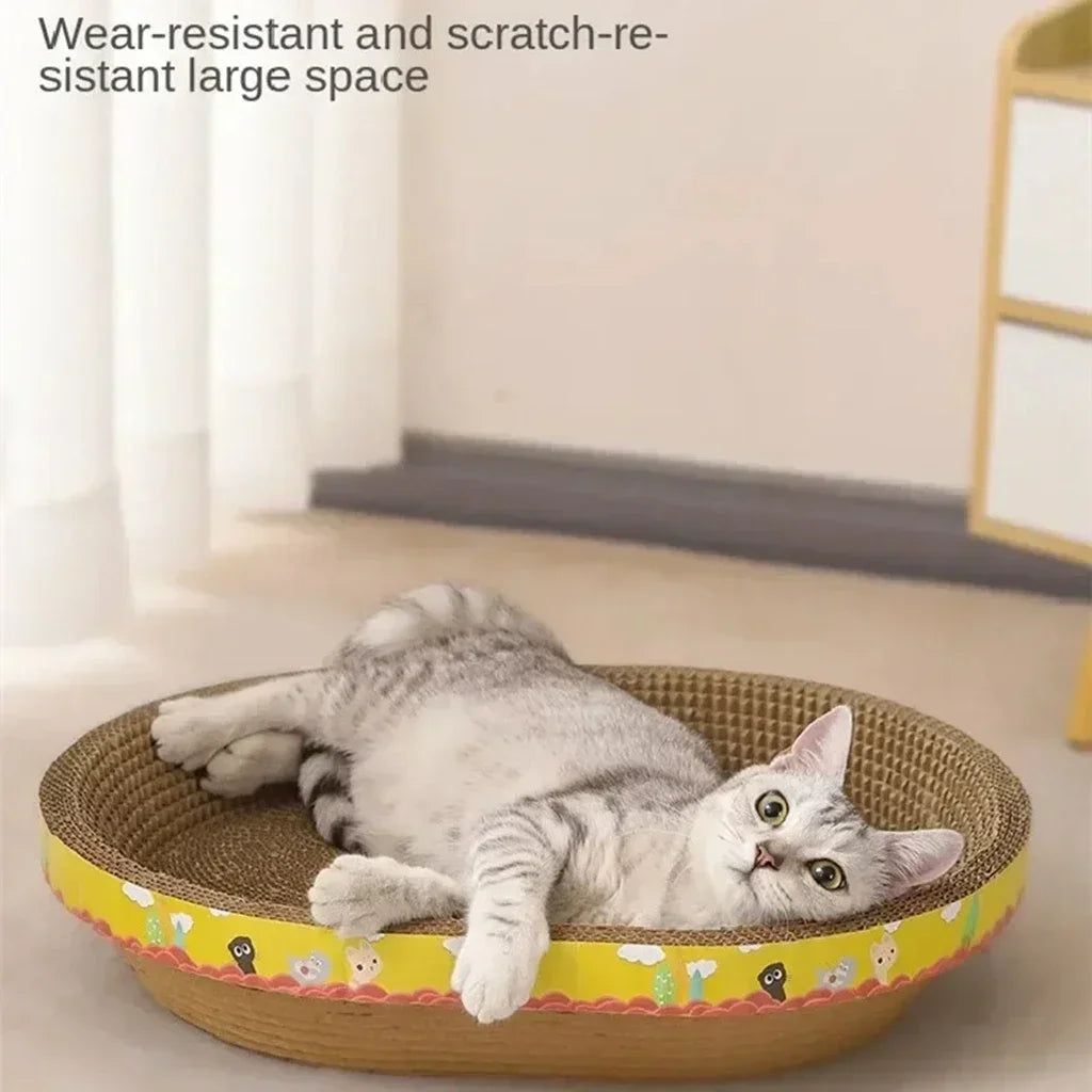 Cat lying on a colorful cat bed with text 'Wear-resistant and scratch-resistant large space'.