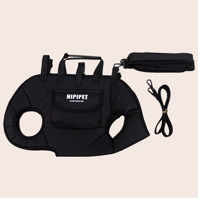 Black pet harness with leash on a white background, featuring the brand 'HIPIPET'.