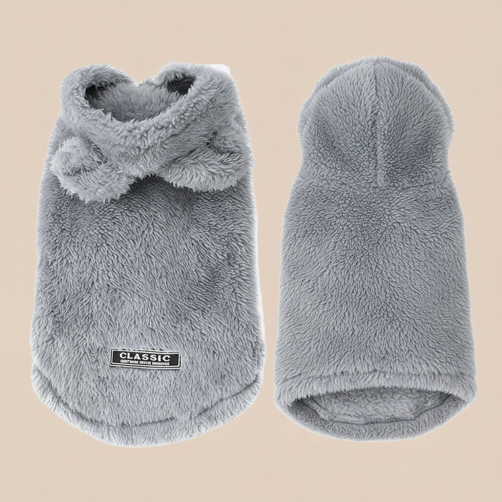 Two gray fluffy dog vests on a white background