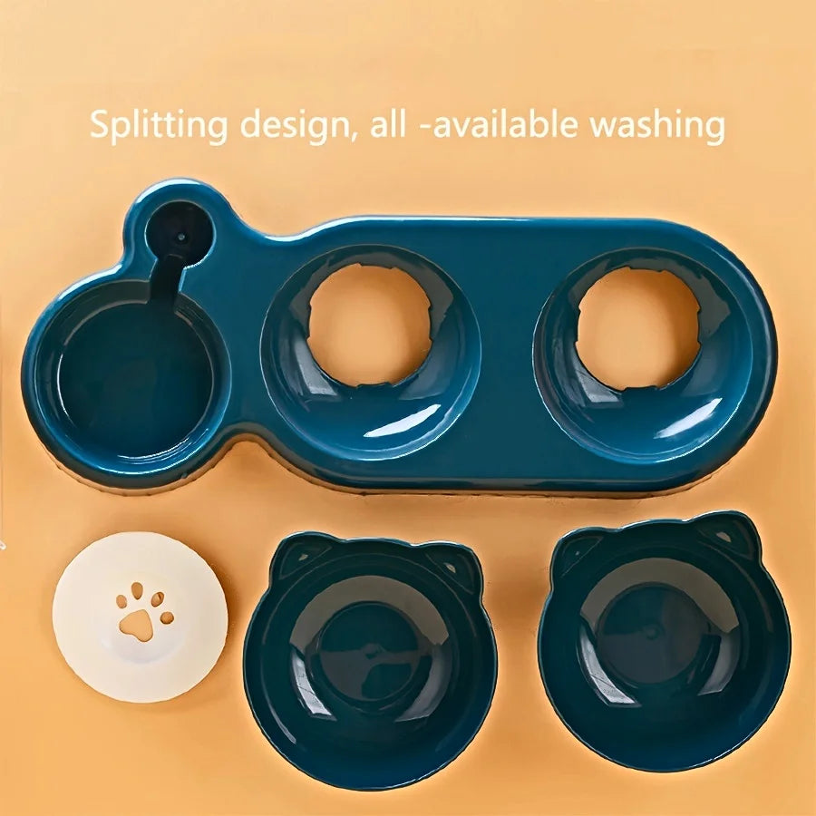 3-in-1 Tilted Cat Bowl Set with Gravity Water Dispenser