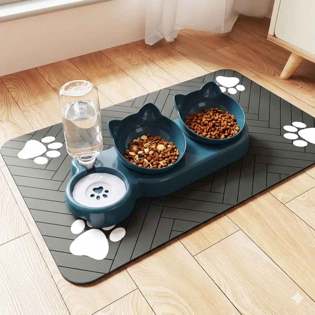 Cat Feeding Bundle - Tilted Bowl Set, Gravity Water Dispenser & Feeding Mat