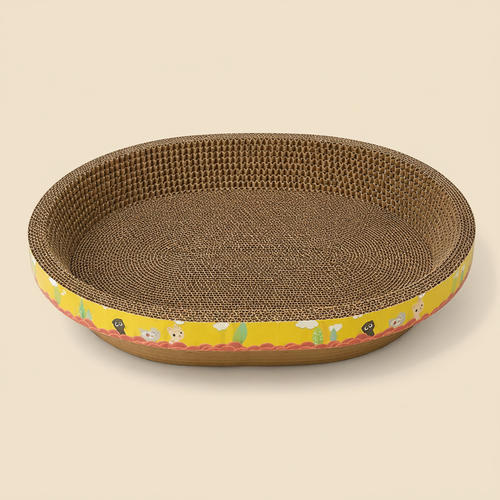 Round cardboard cat scratcher with a colorful base on a white background